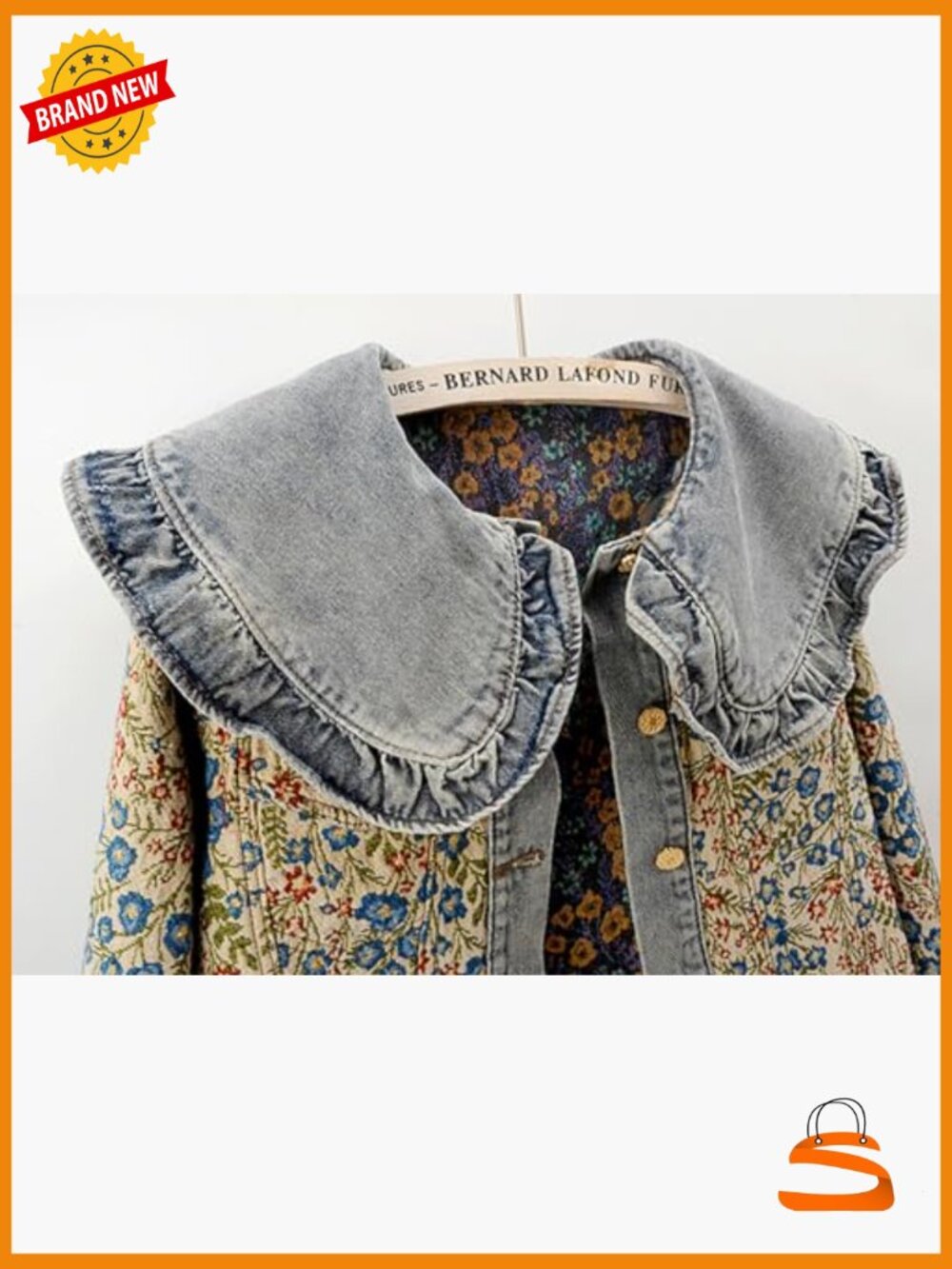 Peter Pan Collar Jacquard Denim Jacket Long Sleeve Button Up - Picture 5 of 6